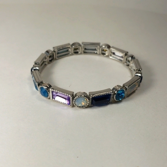 Colorful Crystal Geometric Stretch Bracelet Silver Dainty Rounds & Rectangles - Picture 8 of 10